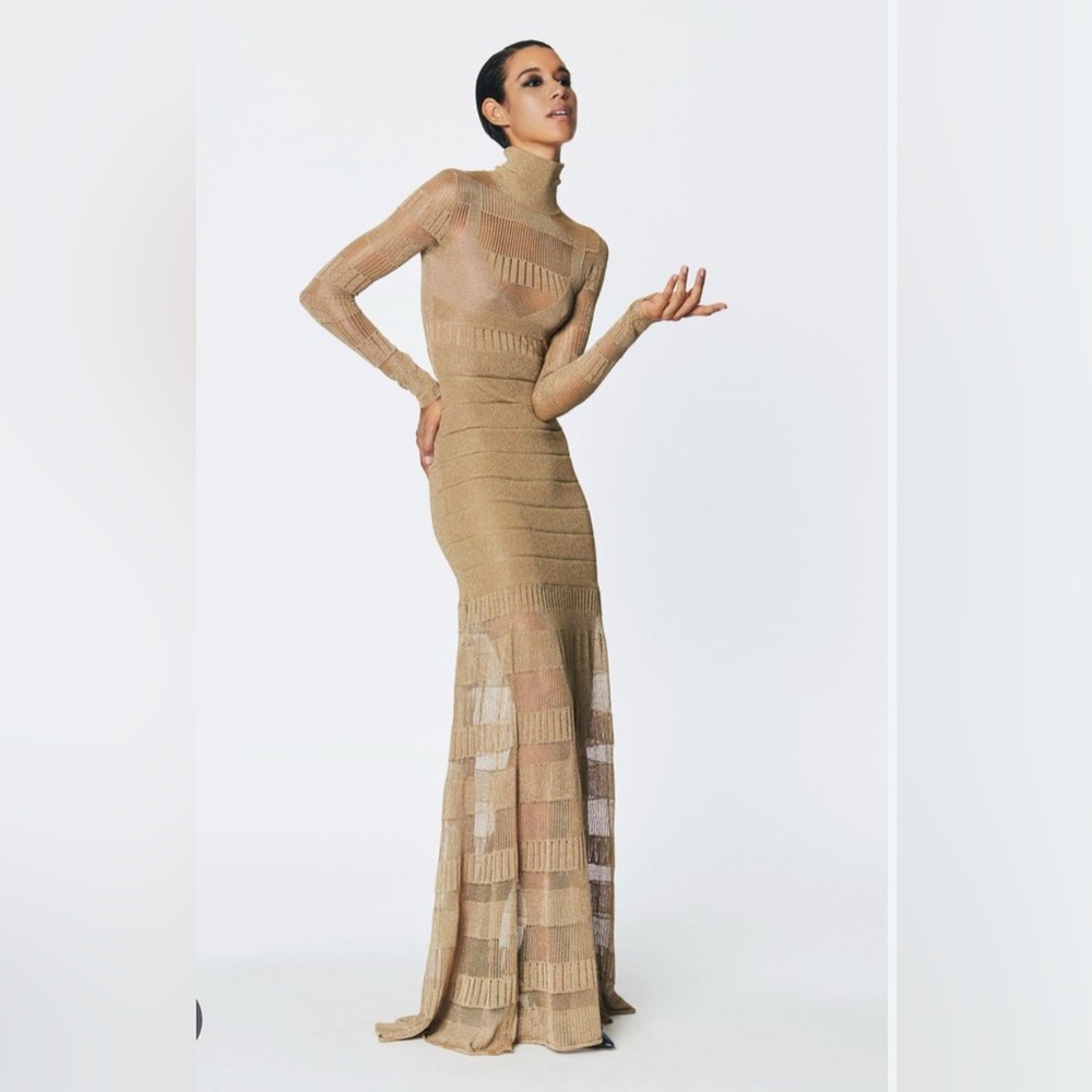 Herve Leger BNWT size xs metallic gold gown high neck concealed zipper - Picture 8 of 13